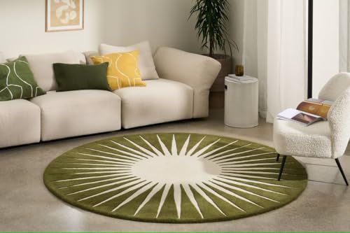 Modern Starburst Hand-Tufted Wool Rug – 8ft Round, Green Area