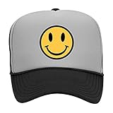 iZZYZX Yellow Smiley Face Suede High Crown 5 Panel Foam Trucker Hat - Charcoal Black