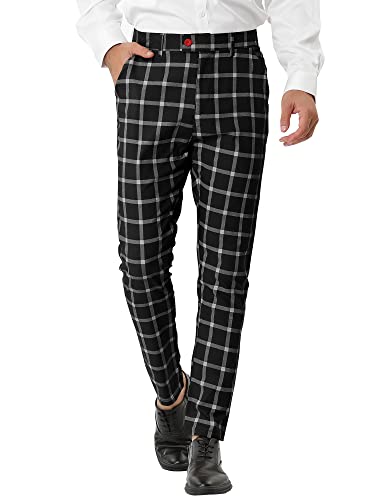 Lars Amadeus Men's Black Plaid Dress Pants Casual Slim Fit Flat Front Checked Printed Business Trousers 32 Black