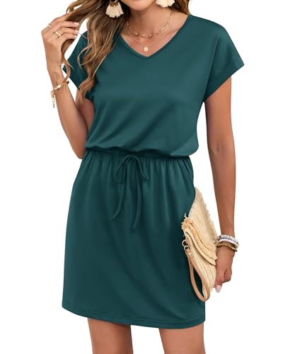 Image of AUSELILY Womens Summer Mini Dress, Short Sleeve V Neck Drawstring Casual | Soft smooth drape with an adjustable drawstring waist for beach, casual outings and daily wear