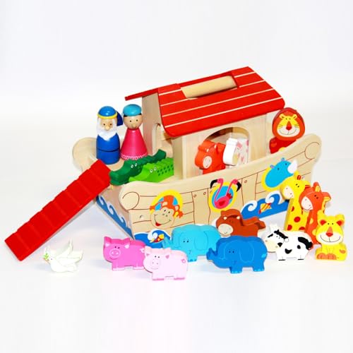 sopomarkt24 Arche Noah Set 19tlg. Figuren Schiff Tiere Holz Pferd Kuh Taube...