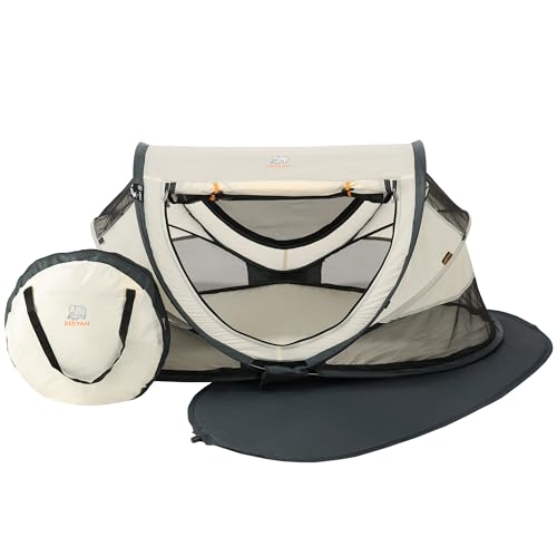 Deryan Kleinkind Reisebett mit Matratze ab Geburt bis 2,5 Jahre - Pop Up Kleinkindbett Babyzelt in 2 Minuten aufgestellt - inkl. Moskitonetz & Reisetasche - 136x84x62cm (Creme)