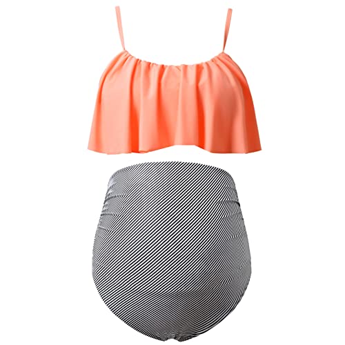 Debelly Women Bikini Set Maternity Two Piece Swimsuit Pregnancy Bathing Suits High Waist Ruffle Swimwear,Orange Stripe,M #TOP2