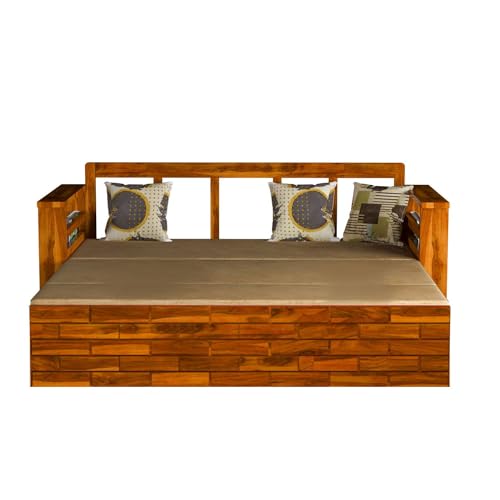 Image of Mamta Furniture Solid Wood Foster 3 Seater Sofa Cum Bed with 40 Density Cushions for Living Room, Three Seater Queen Size Sofa Bed for Home, Sheesham Wood Honey Finish