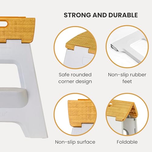 Image of Vigar Compact Folding Step Stool, 16 in 2 Step, Gray Bamboo Print | 16 in Foldable Stool, Lightweight Portable Design, Handle, Non Slip Surface, Space-Saving, Supports up to 330 lb