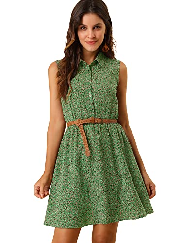 Image of Allegra K Women's Floral Printed Half Placket Above Knee Summer Sleeveless Belted Dress