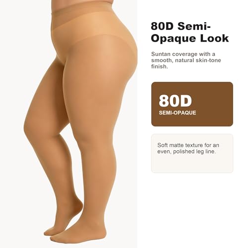 Image of HeyUU Plus Size 80D Semi-Opaque Tights, Soft High Waist, XL-4XL | Curvy Fit,No-Roll Waist,Soft Stretch,Smooth Coverage,Everyday Wear