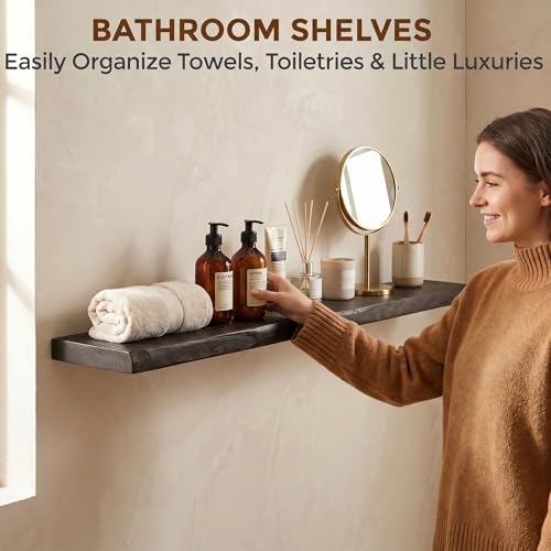 Image of Dreamland Rustic Elm Wood Floating Shelves for Wall Decor, 48 Inch Long Live Edge Wooden Floating Shelves Wall Mounted, 8 Inch Deep Wall Shelf for Bathroom, Living Room, Kitchen, Bathroom, Walnut