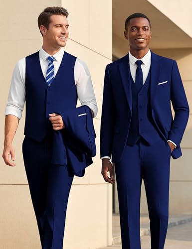 Image of WULFUL Men's Slim Fit Suit One Button 3-Piece Blazer Dress Business Wedding Party Jacket Vest & Pant