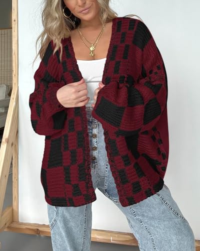Image of BTFBM Casual Cardigan Sweater for Women Fall 2026 Long Sleeve Open Front Chunky Knit Sweaters Checkered Outwear Coat