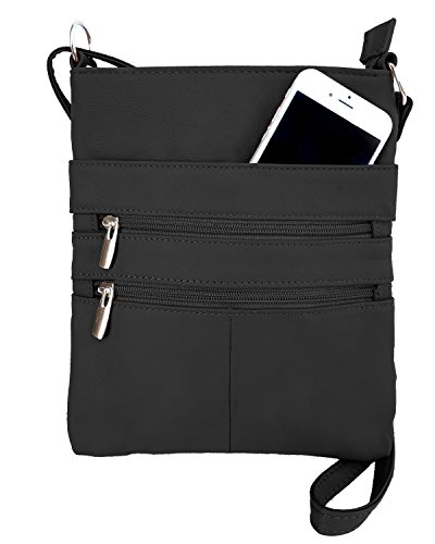 Roma Leathers Mini Cross Body Purse - Multi Pocket Double Zipper Handbag - Premium Black Leather - Adjustable Shoulder Strap - Convenient Travel Bag - Designed in the U.S.A.