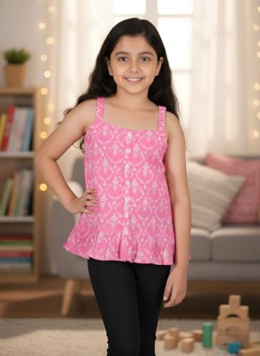 Image of Yash Gallery - Kids Regular Fit Cotton Floral Printed Sleeveless Top for Girls