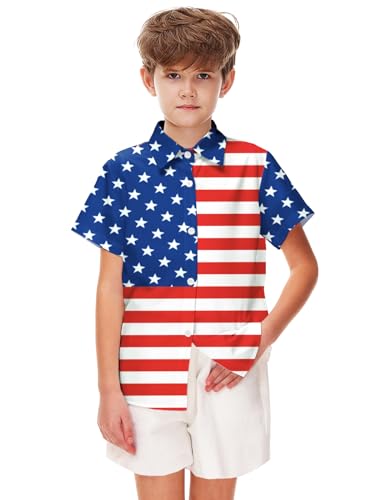 Image of Remimi Unisex Kids 4th of July Button Up Shirt Boys American Flag Print Hawaiian Beach Short Sleeve Tops 5-14 Years