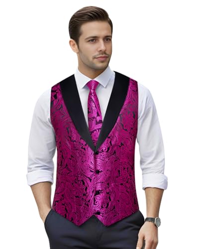 Image of DiBanGu Mens Paisley Suit Vest Silk Jacquard Waistcoat and Necktie Set Formal Shawl Collar Dress Vest 7PCS for Wedding Party