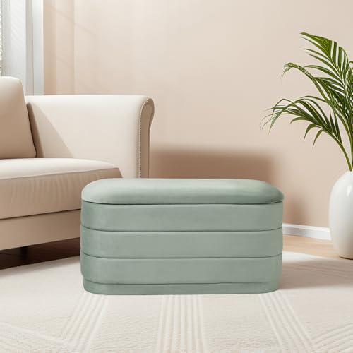 Image of 30 inch Velvet Storage Ottoman Bench with Wooden Tray Lid, Folding Large Upholstered Ottoman Footstool for Living Room, Rectangular Padded Foot Rest for Bedroom Living Room Dorm, Sage Green