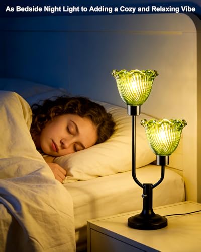 Image of Lightdot Green Glass Flower Table Lamp for Bedroom Vintage Dimmable Lamp
