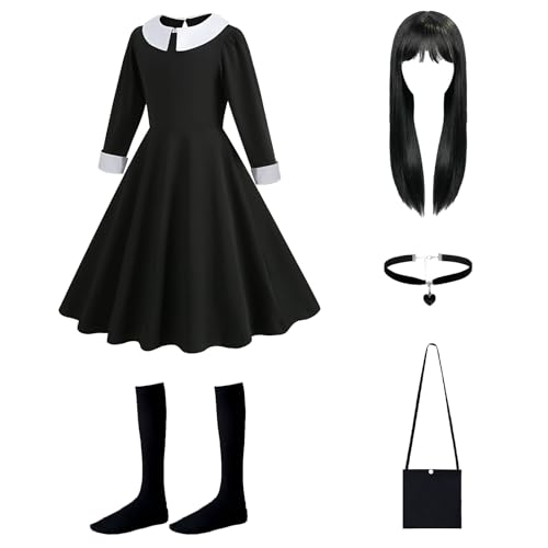 YAEGIMHT Halloween Gothic Kleid Mädchen Kostüm 120140cm Filmheldin Cosplay Kostüm Set für Kinder & Damen Familien Karneval Fasching Outfit mit Perücke Halskette Tasche & Socken (140)