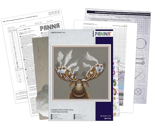 Image of PANNA - Counted Cross Stitch Kit - Christmas Moose - ZM-7103-16 Count - Aida - 12.99 x 11.02 inch - DIY kit