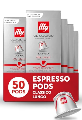 Image of illy Espresso Compatible Capsules, Coffee Pods for Nespresso Original Line Machine, Classico Lungo Medium Roast, 100% Arabica, Premium Italian Coffee, Single Serve, 10 Count, 5 Pack | Coffee Pods for Espresso Original Line, Compatible Capsules, 100% Arabica, Premium Italian Coffee