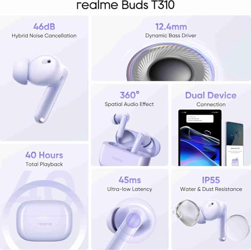 Image of realme Buds T310 True Wireless in-Ear Earbuds with 46dB Hybrid ANC, 360 Spatial Audio, 12.4mm Dynamic Bass Driver, Upto 40Hrs Battery and Fast Charging (Monet Purple)