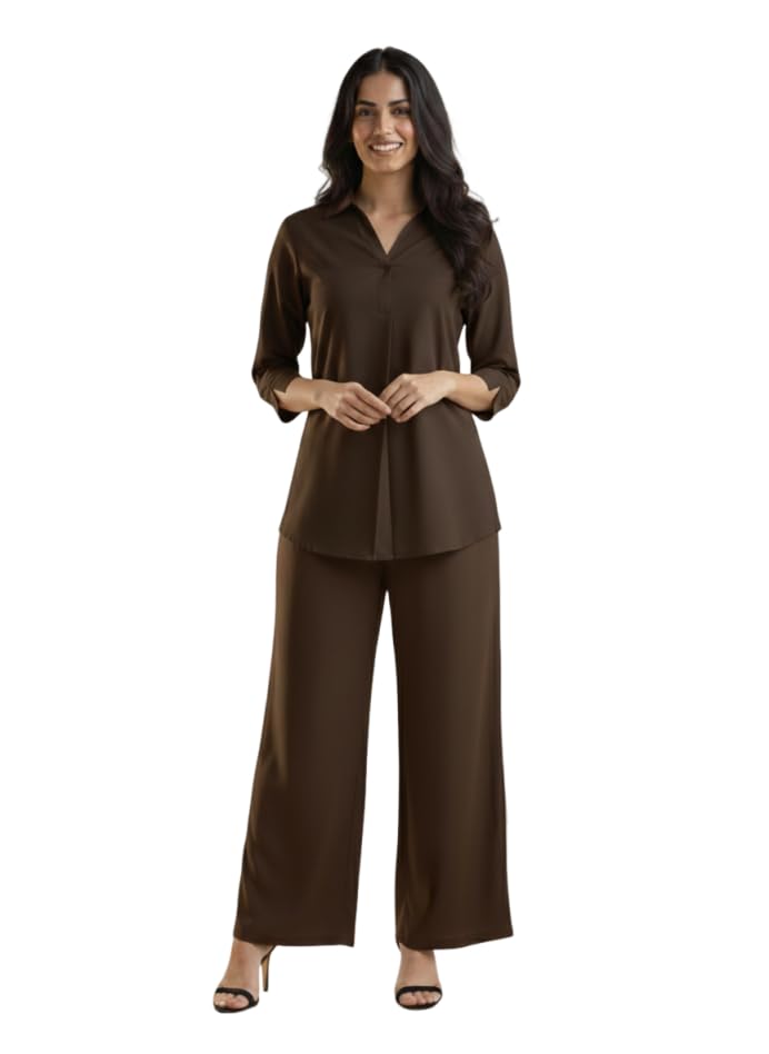 Latest Coord Set for Women Stylish Relaxed Fit Hemline Shirt Palazzo Set Perfect Office Casual Lounge Wear Dress-image-15