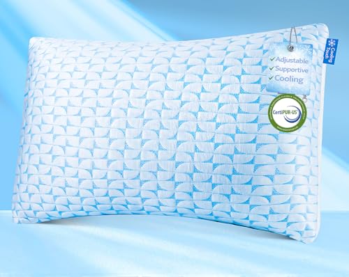 QUTOOL Firm Pillow Shredded Memory Foam, Cooling Pillow for Hot Sleeper, Adjustable Bed Pillow for Side Back Stomach Sleepers, Washable Cover, CertiPUR-US Certified, Standard Size