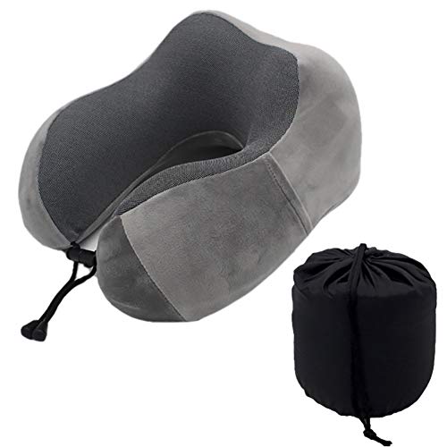 Almohadas de cuello de espuma de memoria en forma de U Almohada de viaje espacial de rebote suave y suave Almohadas de cuidado de la salud cervical de cuello sólido con bolsillo con cordón,Gris
