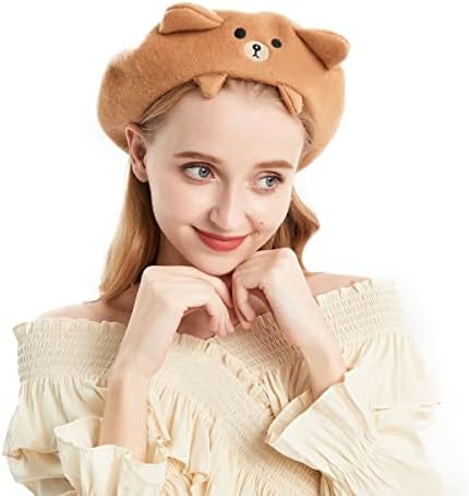 BLESSI Women's Wool Blend Bear Ears Pattern Cartoon Berets French Artist Beanie Brown Hat for Girls