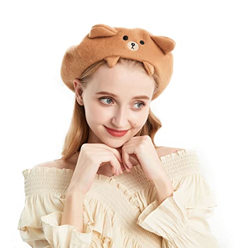 Blessi Women's Wool Blend Bear Ears Pattern Cartoon Berets French Artist Beanie Brown Hat For Girls #TOP2