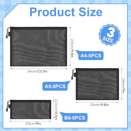 Image of 15 Pieces Mesh Bags, 3 Size Mesh Zipper Pouch Bags with Zipper for Makeup Pouches, Travel Organizer Case, Storage pencil bags with zipper for Office Supplies (A4, A5, B6)