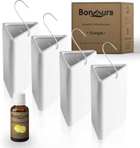 Luftbefeuchter Heizung Keramik Dreieckig I Haken & Duftöl [4er Spar-Set, 200ml] I Wasserverdunster für Heizkörper mit Duft I Verdunster & Befeuchter Wasser Behälter