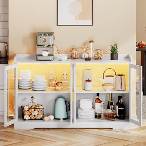 DWVO 55'' Sideboard Buffet Cabinet with LED Light, Coffee Bar Cabinet with 4 Doors & Adjustable Shelves, Large Storage Cabinet for Kitchen, Dining Room, Living Room, White