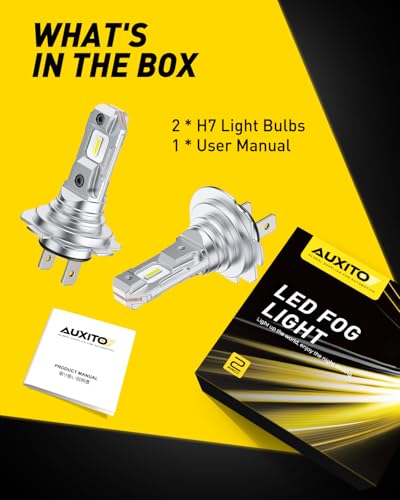 Image of AUXITO Upgraded H7 Light Bulbs, 600% Super Brighter 6500K Cool White, 1:1 Mini Halogen Size H7 Light, Long Lifespan, Plug and Play, Pack of 2