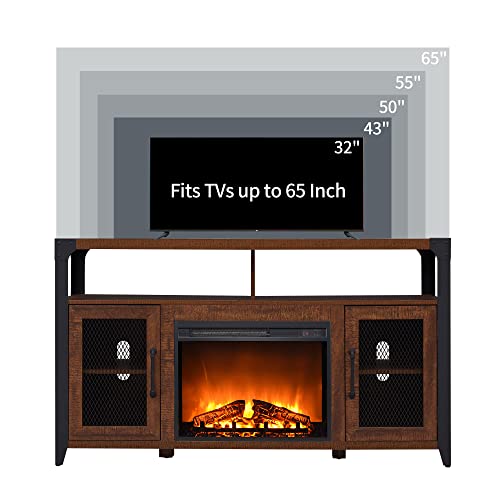 Okd Fireplace Tv Stand Highboy For 65 Inch Tv, Industrial Entertainment Center W/ 23” Electric Fireplace, 33" Tall Media Console Cabinet W/Soundbar Shelf, Reclaimed Barnwood Color #TOP3