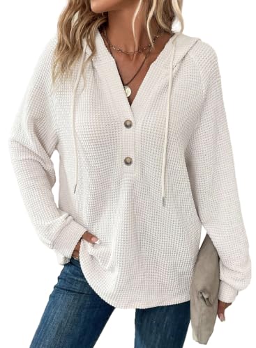 Dokotoo Hoodies for Women Oversized Waffle Knit Sweaters Shirts Drawstring Button V Neck Long Sleeve Casual Lightweight Sweatshirt Hooded Tops Fall Fashion Outfits Winter Clothing 2026 White Medium