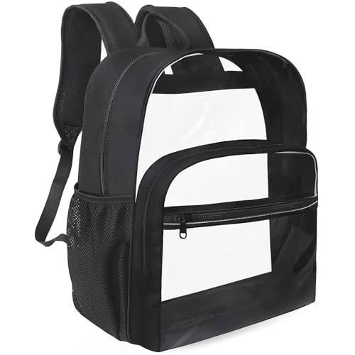 Clear Backpack for School, Heavy Duty Transparent Backpack with 0.6 mm PVC Bookbag 18 inch Clear Bag, Black