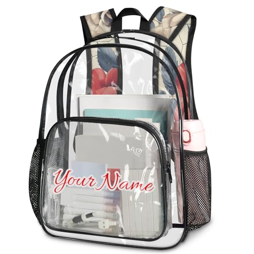 Personalized Small Clear Backpack Stadium Approved Heavy Duty PVC Plastic Custom Vintage Rose Transparent Backpacks See Through Bag with Name, Flowers