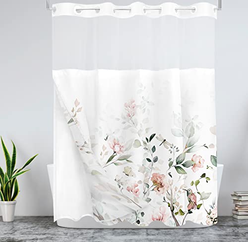 Tititex No Hooks Snap In Liner Aesthetic Blooming White Flowers Pink Bird Shower Curtain Sets, Hotel Luxury Double Layers Waterproof Fabric & See-Through Top Window Bathroom Decorative 71X71 Inch #TOP1