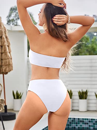 Image of ZAFUL Women's High Cut Bandeau Bikini Set Strapless Solid Color 2 Pieces Bathing Suit Swimsuit