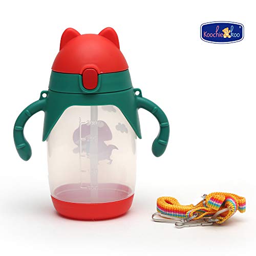 Image of Koochie-Koo Plastic One Touch Open Cute Cartoon Printed Twin Handle Sipper Bottle with Silicon Straw Drinking Sippy Cup for Kids, Water Bottle for Baby Boy and Girl 300ml, Green, 3+ Years (Pack of 1)