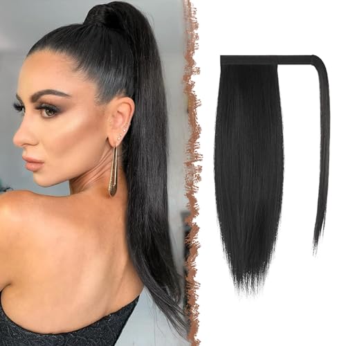 FESHFEN Coleta Postiza Lisa Pelo, Largo Liso Ponytail Extension Envolver alrededor Cola de Caballo Extensiones Negro Natural Sintéticas Clip Postizos para Mujeres, 40 cm
