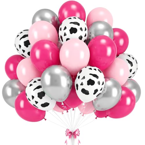 Image of Hot Pink Silver Cow Balloons Disco Cowgirl Birthday Last Rodeo Party Decor | Bachelorette Bride to be Baby Bridal Shower Western Cowboy 12INCH Pink Silver Helium Latex Balloons for Arch