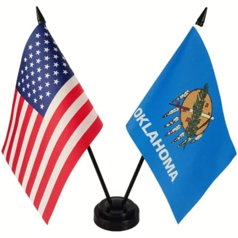Zigvert America & Oklahoma Twin Desk Flag, US Oklahoma Table Flags, 8 x 5 Inches American & Oklahoma Deluxe Desk Flag Set - Miniature USA & Oklahoma Stick Flag with Flag Stand Cover