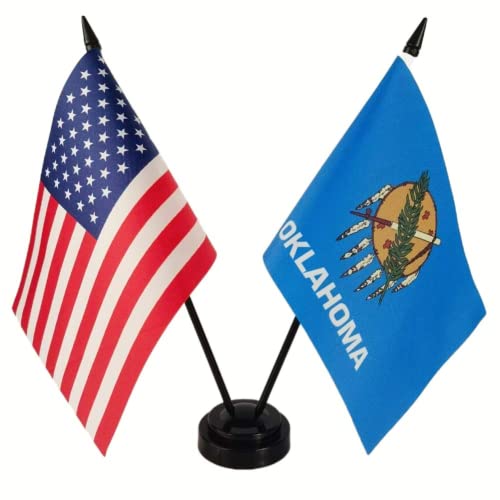 Zigvert America & Oklahoma Twin Desk Flag, Us Oklahoma Table Flags, 8 X 5 Inches American & Oklahoma Deluxe Desk Flag Set - Miniature Usa & Oklahoma Stick Flag With Flag Stand #TOP24