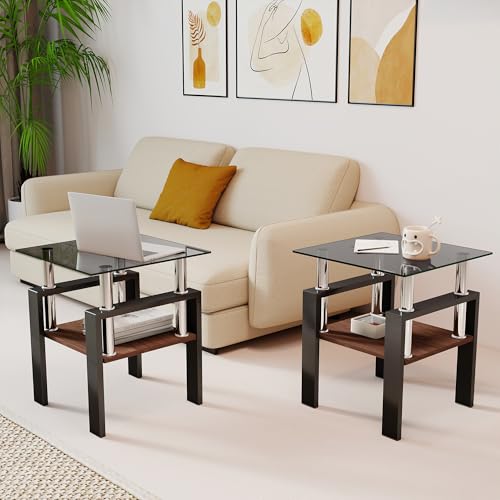 Image of Meihua Glass End Table, Square Glass Side Table, 2-Tier Modern Nightstand with Metal Legs for Living Room&Bedroom (Grey+Brown, Set of 2)