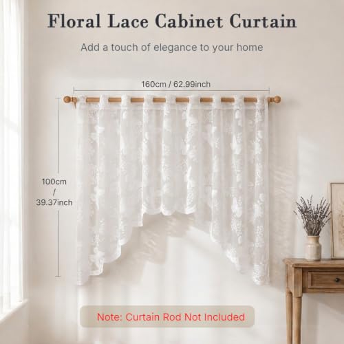Image of HASTHIP White Lace Arched Sheer Curtain Floral Embroidered Valance