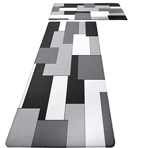 White Grey Black Kitchen Rugs and Mats Set of 2 Modern Abstract Art Cushioned Anti Fatigue Kitchen Rugs Set Geometric Non-Skid Washable Kitchen Mats for Kitchen Sink Laundry 17.5'x29.5'+17.5'x47'