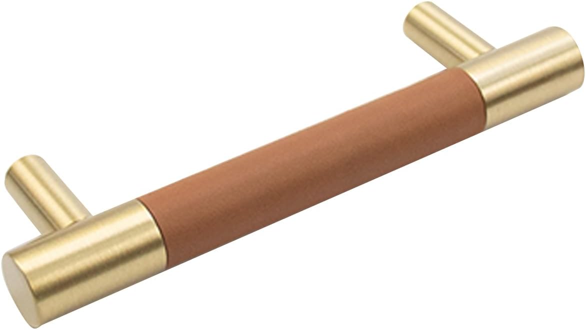 LC LICTOP 4.56 Inch Modern Leather Cabinet Pulls 2Pcs, 96mm/3.78" Hole Spacing, Brass Tone Zinc Alloy Pull Handle for Furniture Drawers Cabinet Dresser Cupboard Wardrobe Door