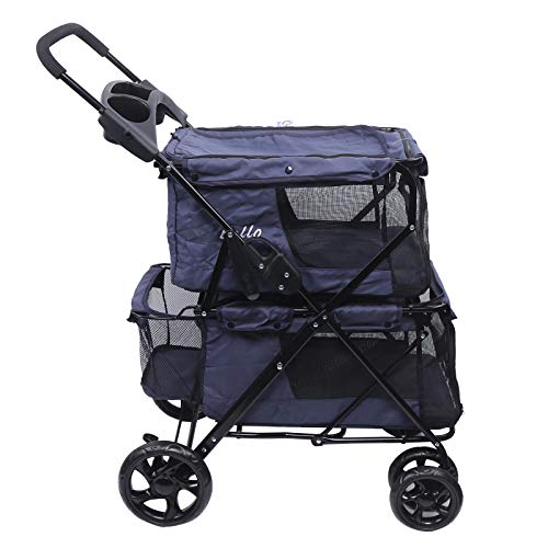4 Wheel Pet Stroller 2-Layer Foldable Cat Dog Jogger Puppy Pushchair,Max.Capacity: 15 kg,Blue,for Small to Medium Sized Dogs and Cats - Image 5