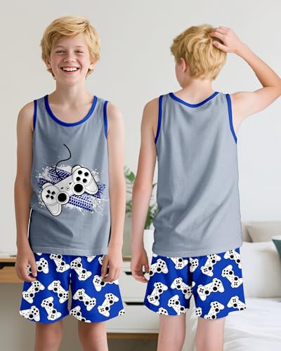 Fiodrimy Boys Summer Pajamas Set Cozy 2-Piece Pajama for Big Boys Tank Top & Shorts Sleepwear PJS Kid Cloth Size 8-162